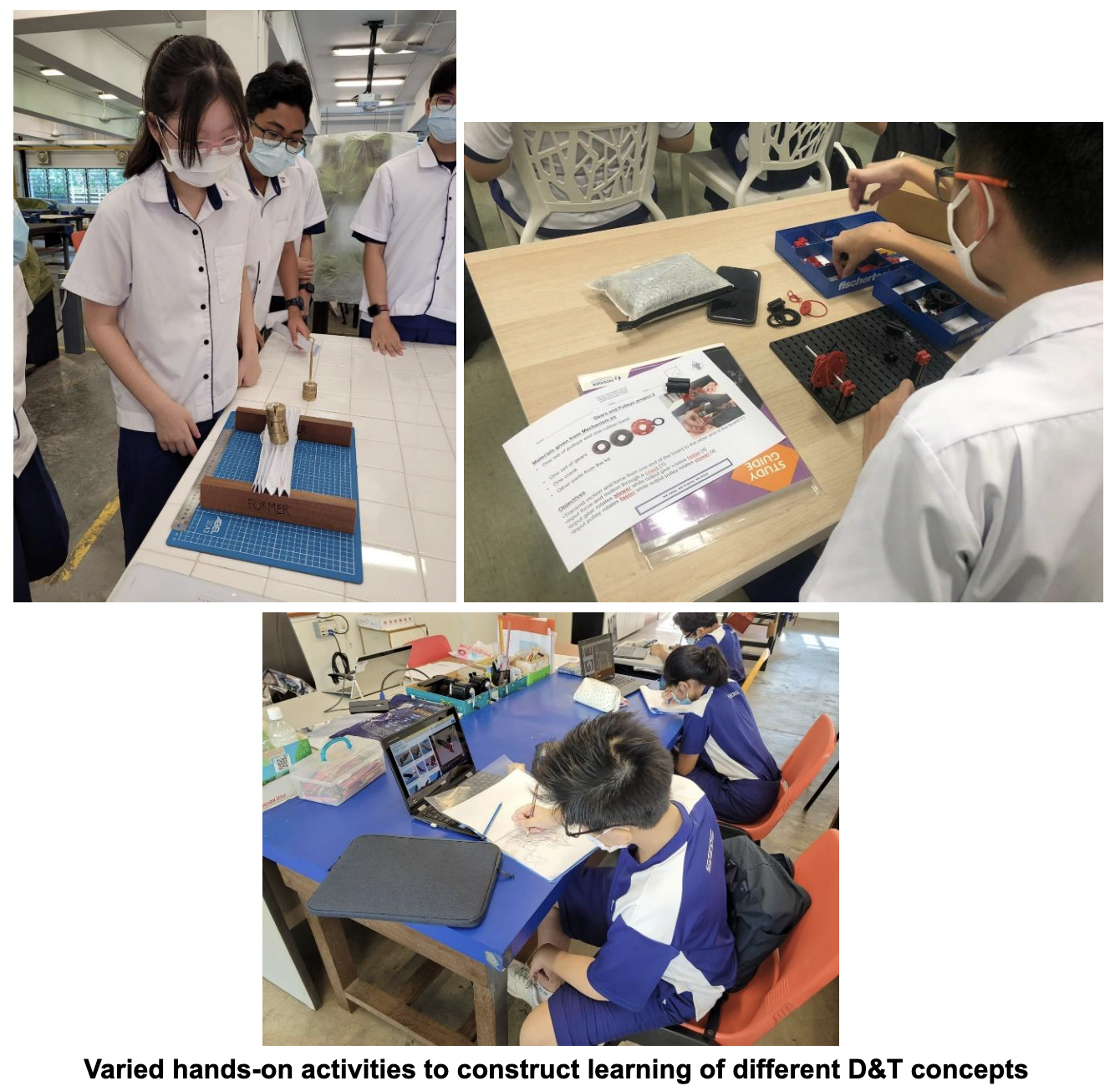Students in uniforms and masks doing hands-on Design and Technology activities including building models and sketching.